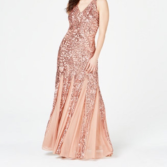 Rose Gold Sequined Mesh Gown - Picture 5 of 5